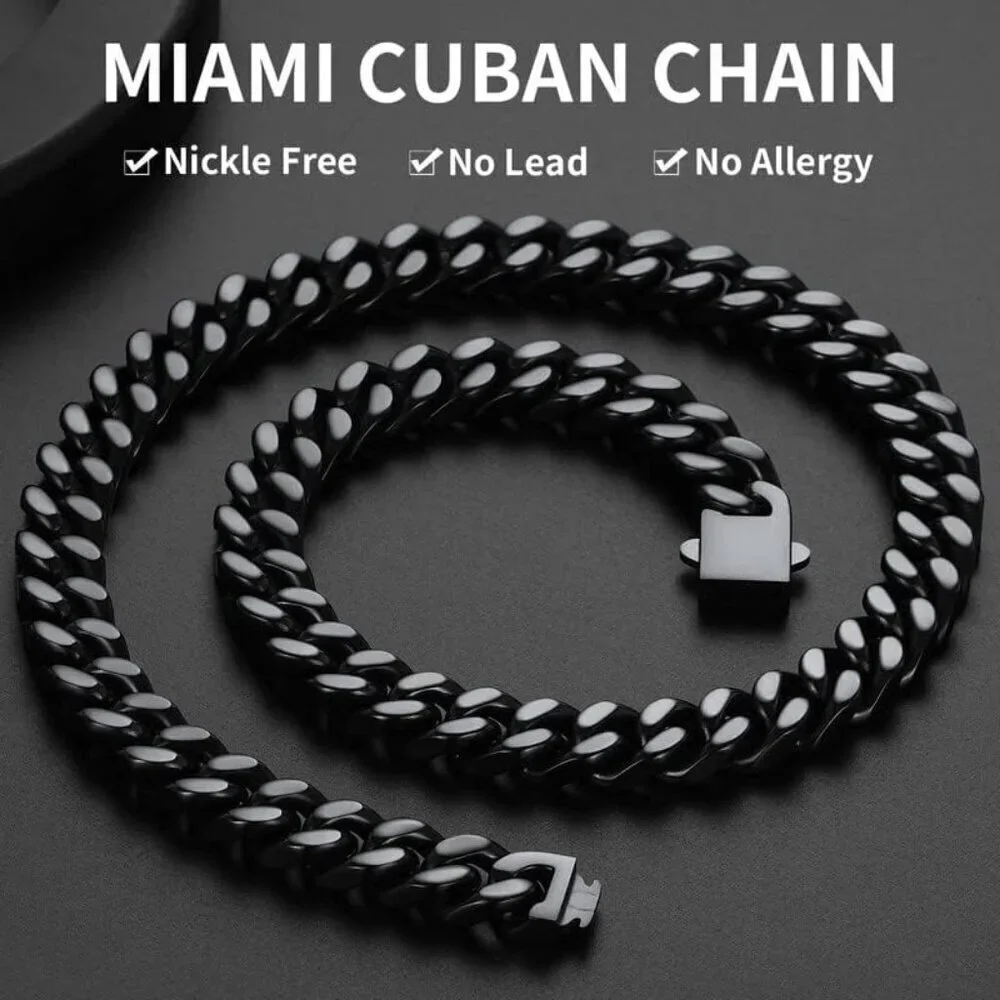 Men's 12mm Width Steel Black 18K Gold Plated Cuban Durable Hip Hop Chain Jewelry